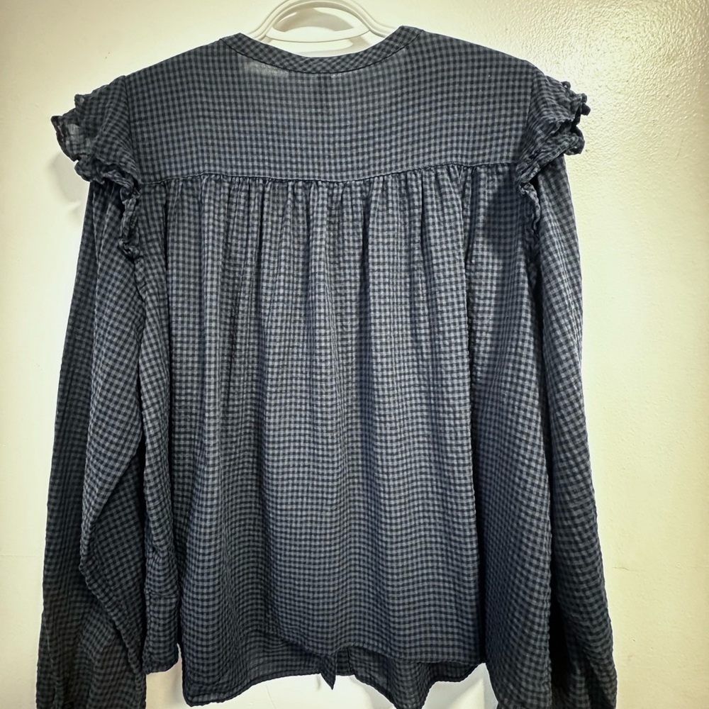 H&M Navy Gingham Ruffle Shoulder Button-Up Blouse XL - Picture 3 of 9